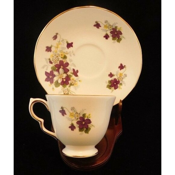Royal Vale English Bone China Tea Cup Saucer With Violets Design Gold Trim - Picture 8 of 10